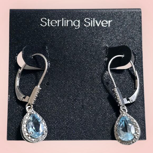 Sterling Silver 925 Blue Topaz Teardrop Dangle Leverback Earrings - Picture 1 of 4